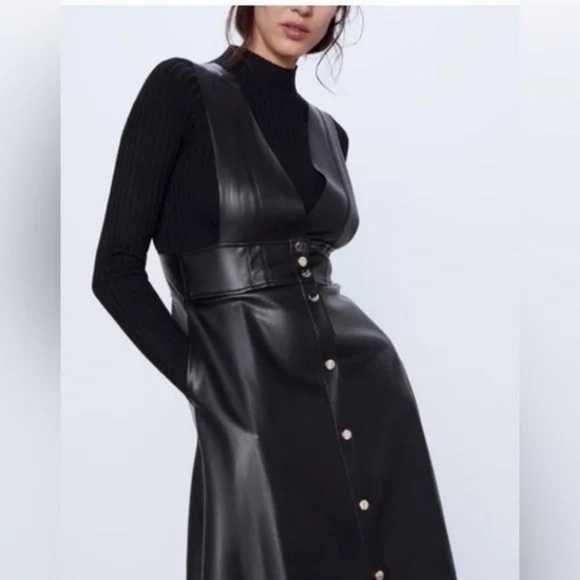 Zara Faux Vegan Pinafore Midi Dress. Size S - Picture 2 of 7
